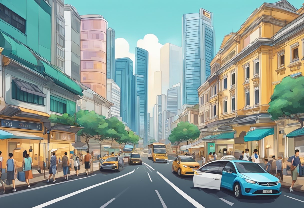 A bustling Singapore street with an Uber car picking up passengers, surrounded by iconic landmarks and diverse cityscape