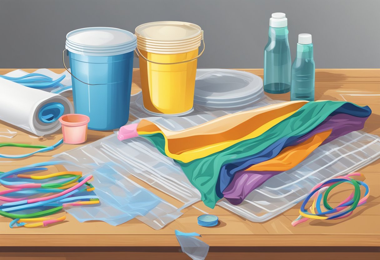 A table covered with plastic, a bucket of bleach solution, rubber bands, and a colored shirt laid out flat