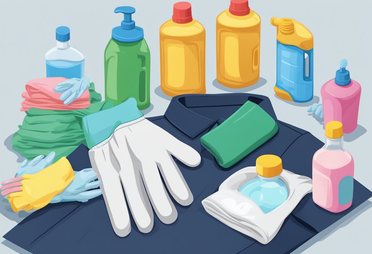A hand reaches for a colored shirt, laying it flat. Bottles of bleach and water sit nearby. A pair of rubber gloves and rubber bands are ready for use