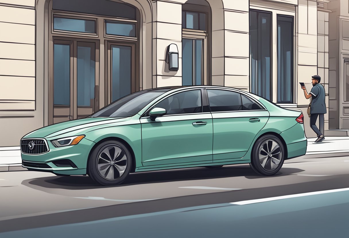 A car pulls up to a curb, displaying the Uber logo on the window. A person approaches, phone in hand, ready to enter the vehicle