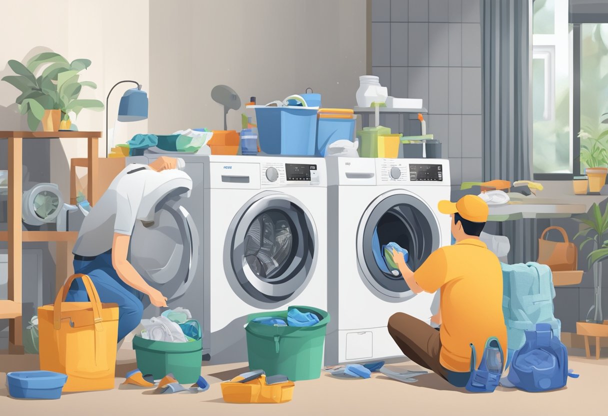 A technician fixes a washing machine in Singapore. Tools and parts are scattered around