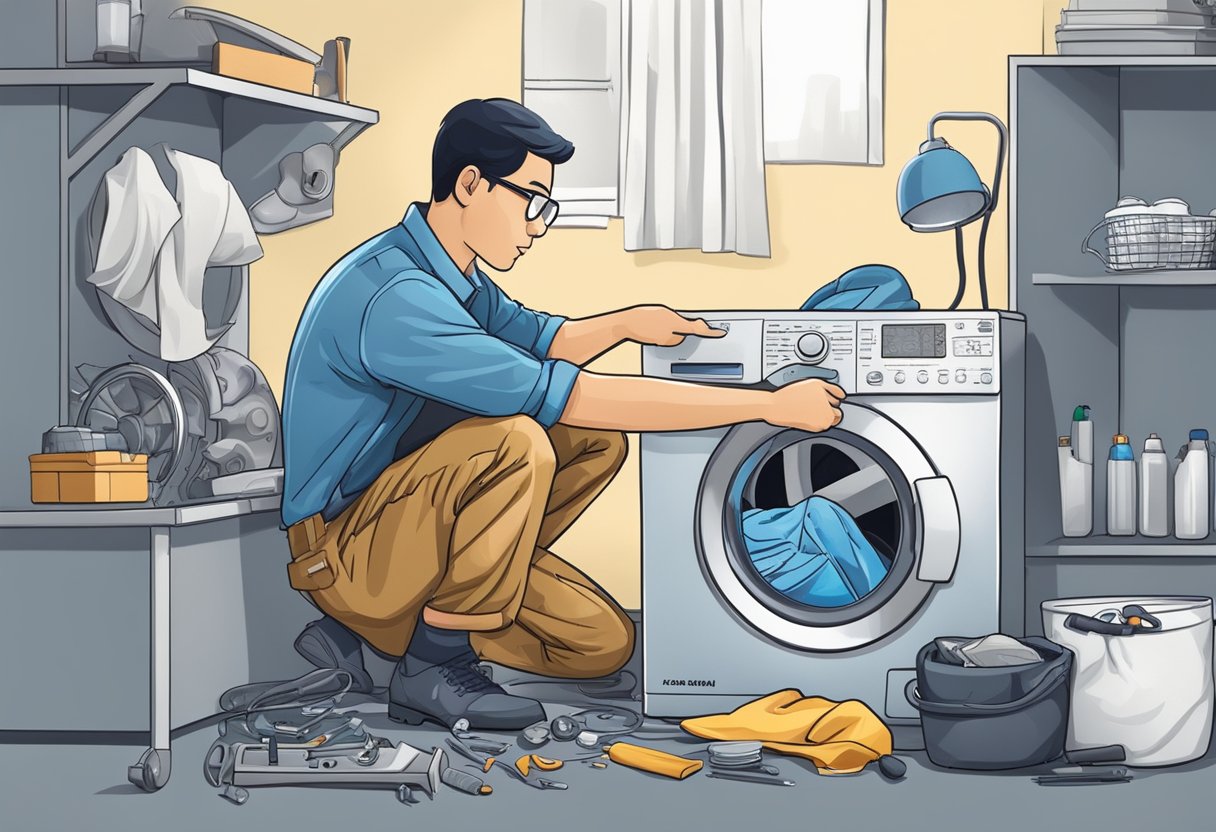 A technician repairing a washing machine in Singapore. Tools and parts scattered around. Focused and determined