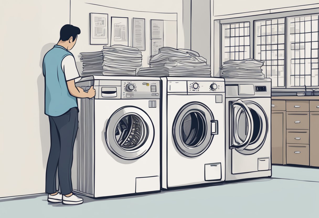 A person standing in front of a broken washing machine, looking at a list of repair service options in Singapore