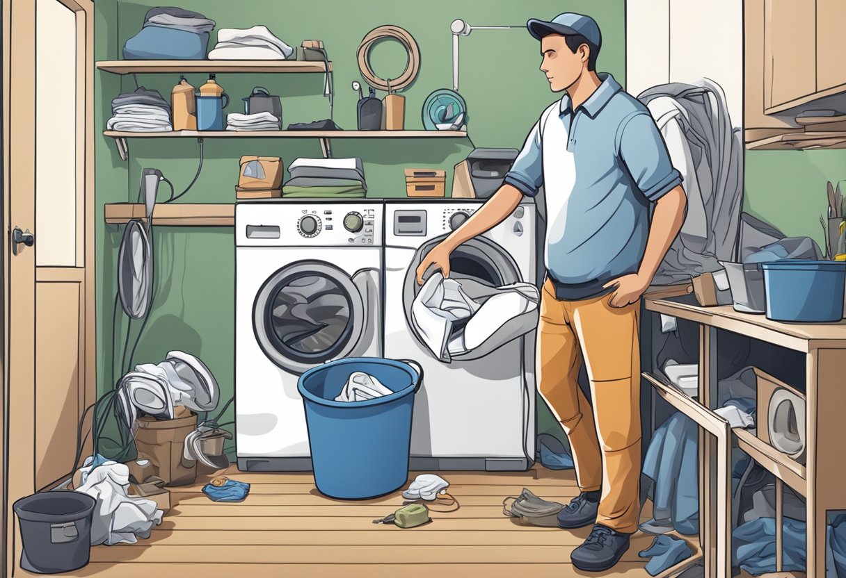 A technician fixing a washing machine in a cluttered laundry room