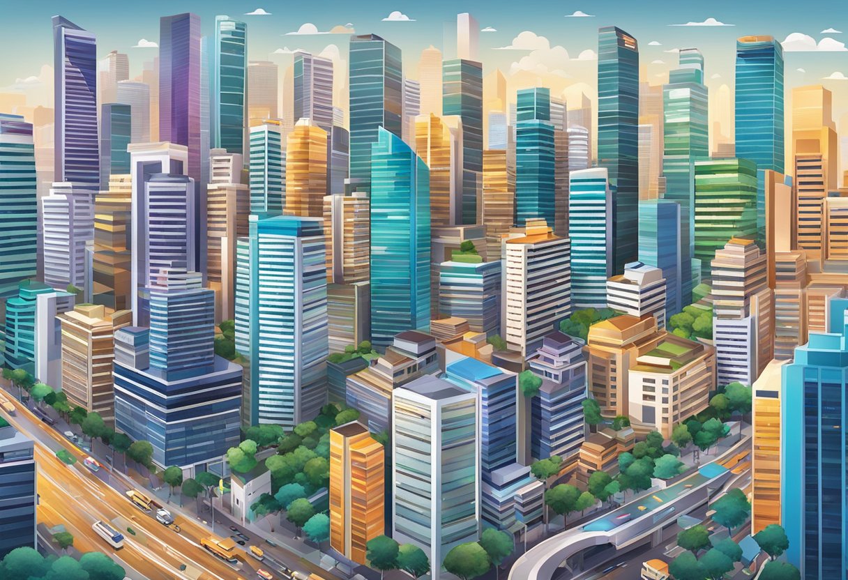 A bustling cityscape with skyscrapers and bustling streets, showcasing the vibrant energy of Singapore's 10 million population