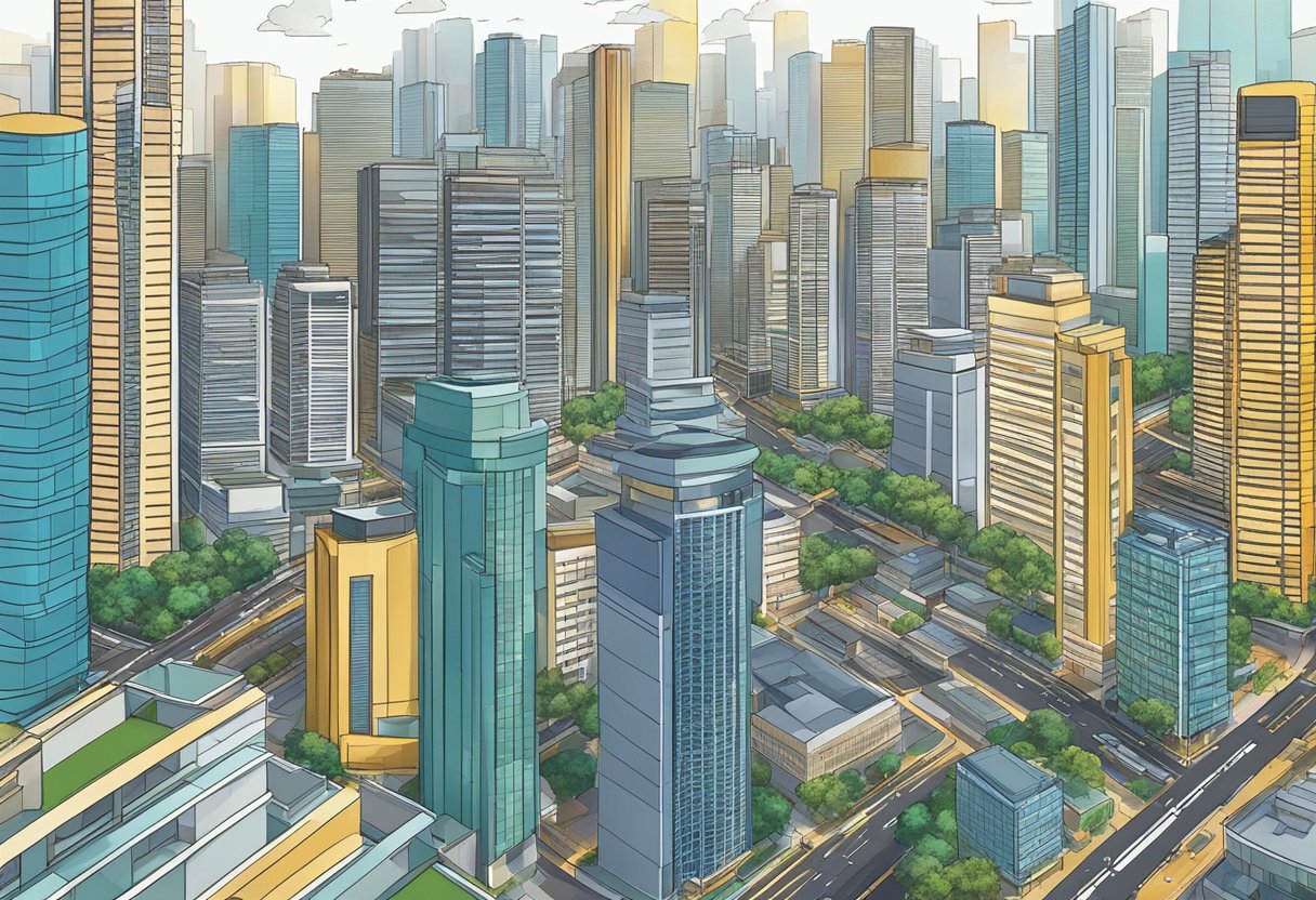 A bustling cityscape with skyscrapers and bustling streets, representing the demographic dynamics and projections of a 10 million population in Singapore