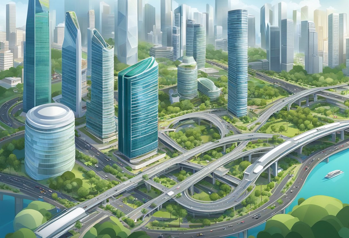A bustling cityscape with skyscrapers, efficient public transportation, green spaces, and well-maintained roads and bridges, showcasing the advanced urban planning and infrastructure of Singapore's 10 million population