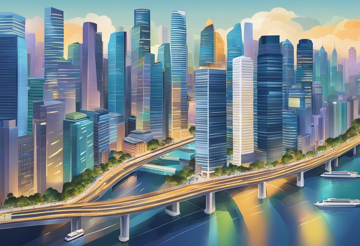 A bustling cityscape with skyscrapers and bustling streets, showcasing the vibrant energy of Singapore's 10 million population
