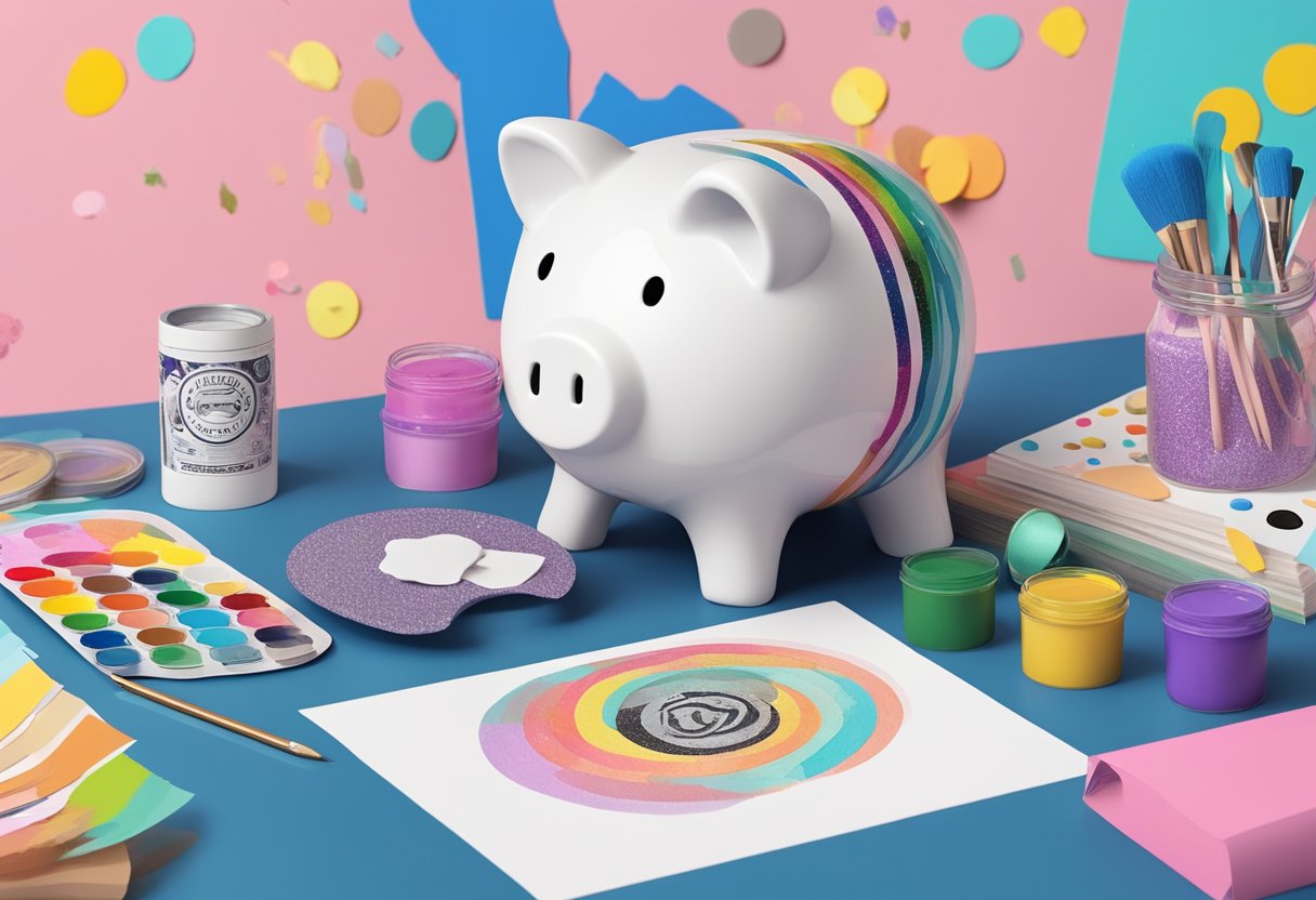 A piggy bank sits on a table, surrounded by colorful paint, glitter, and stickers. A Pinterest board displaying various aesthetic designs is propped up nearby
