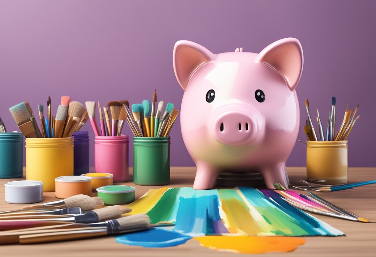 A piggy bank sits on a table, surrounded by paintbrushes, colorful paints, and trendy decor items. Pinterest images of stylish piggy banks are displayed in the background