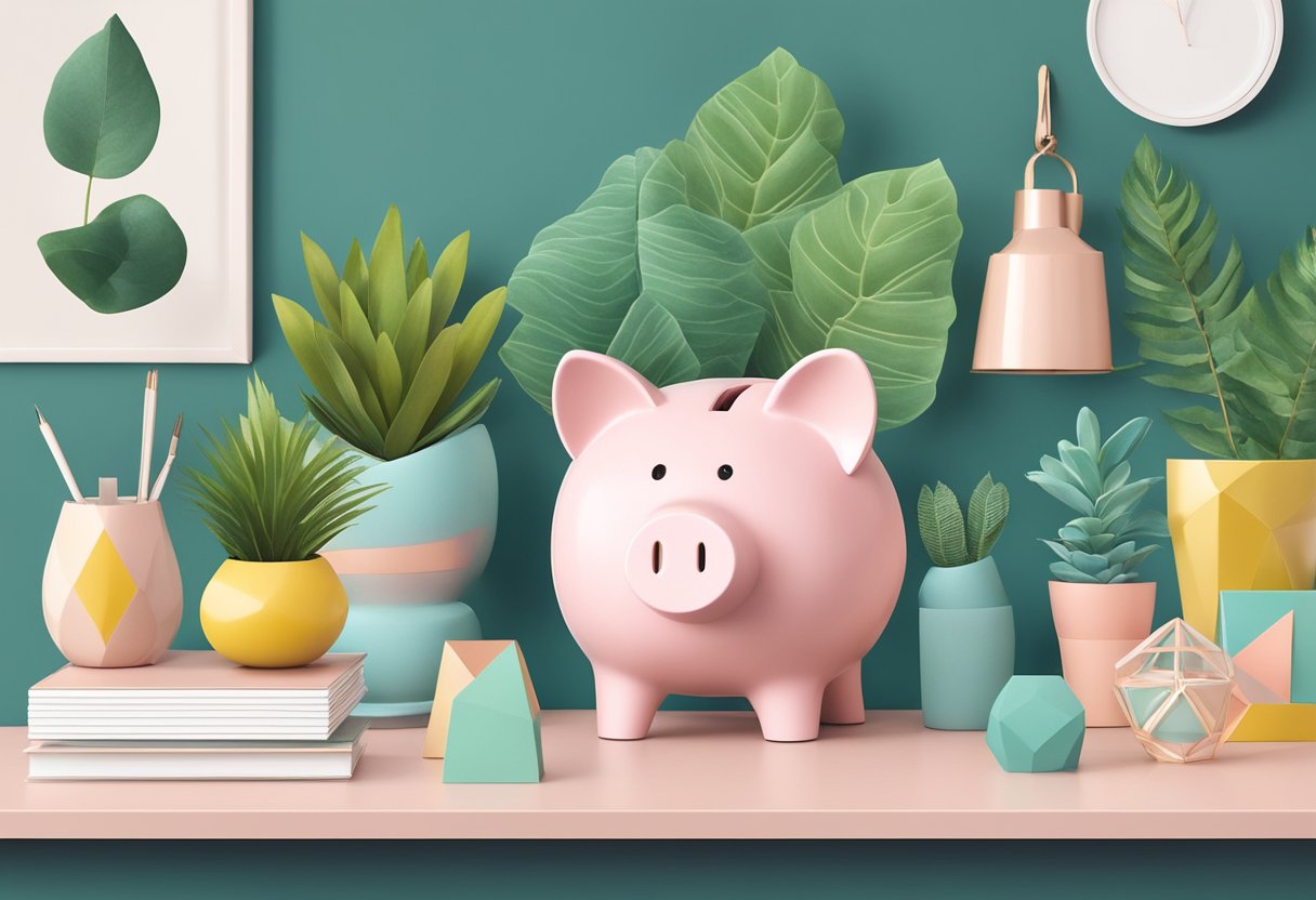 A piggy bank surrounded by trendy decor items like plants, geometric shelves, and pastel-colored accessories, inspired by Pinterest trends