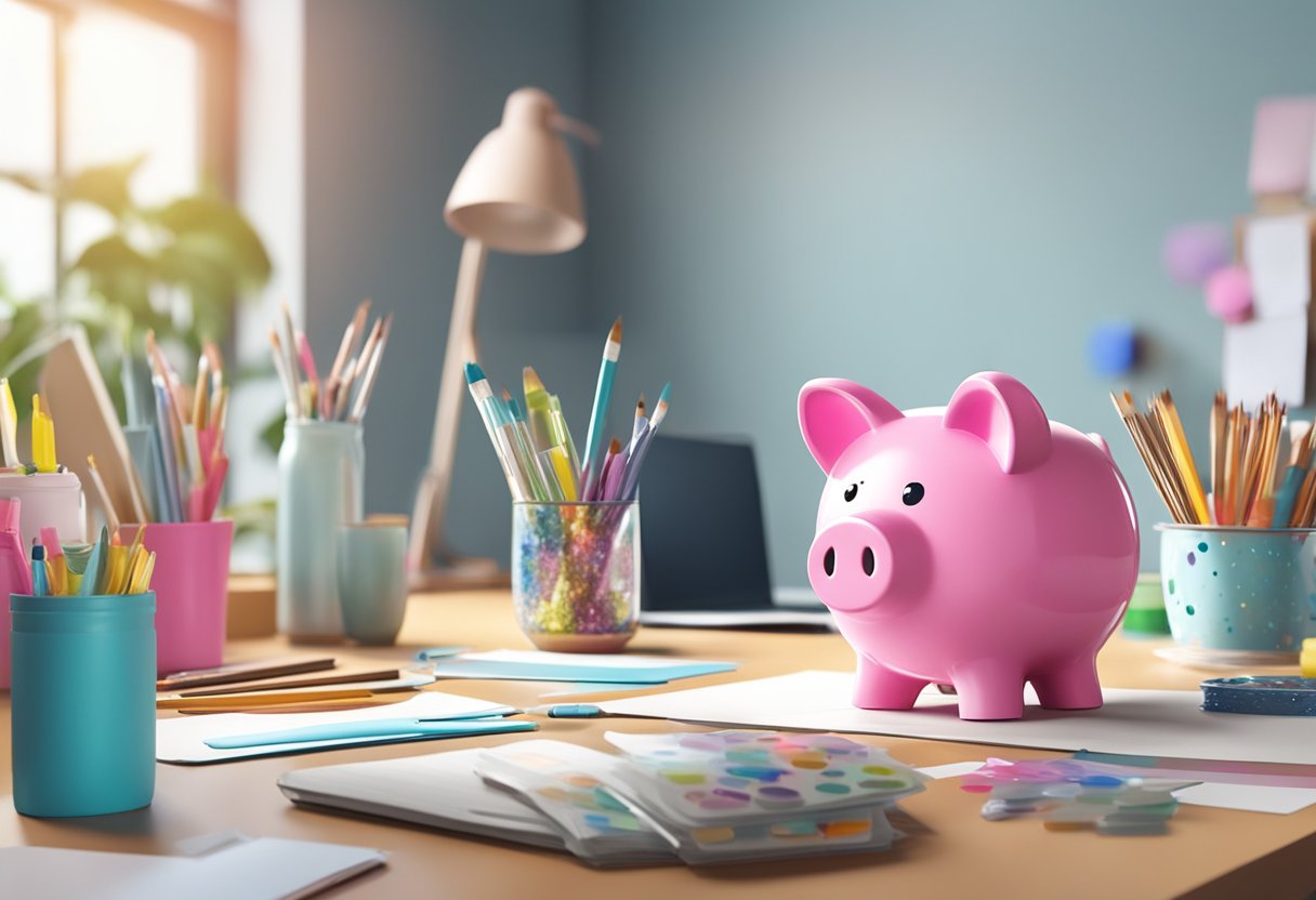 A piggy bank sits on a clean, organized desk. Decorative stickers, paint, and glitter are scattered around, ready for a makeover