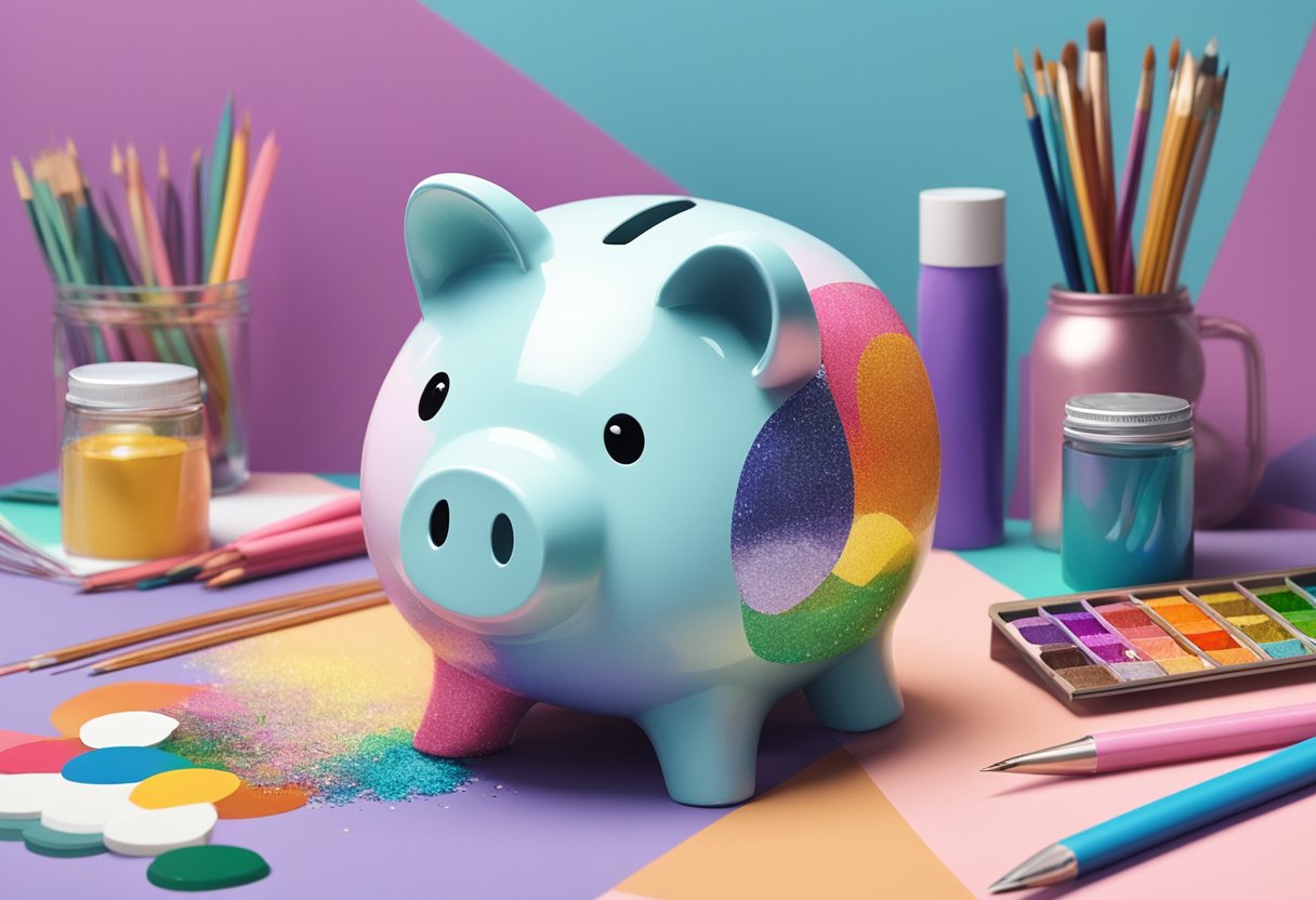 A piggy bank sits on a table, surrounded by colorful paint, glitter, and craft supplies. A Pinterest board filled with aesthetic inspiration is propped up nearby