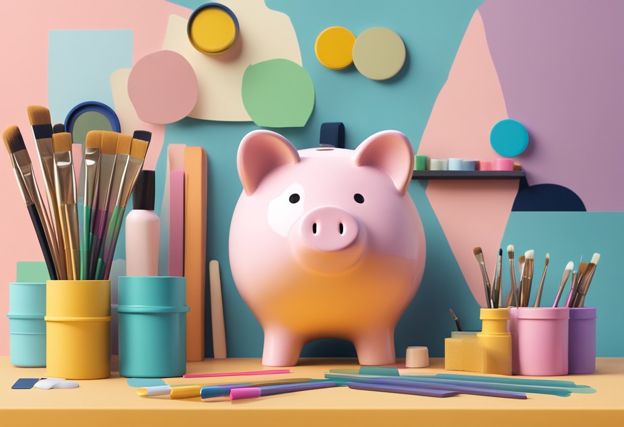 A piggy bank sits on a shelf, surrounded by colorful paint tubes, brushes, and various decorative materials. A mood board with aesthetic images of trendy piggy banks is pinned up for inspiration