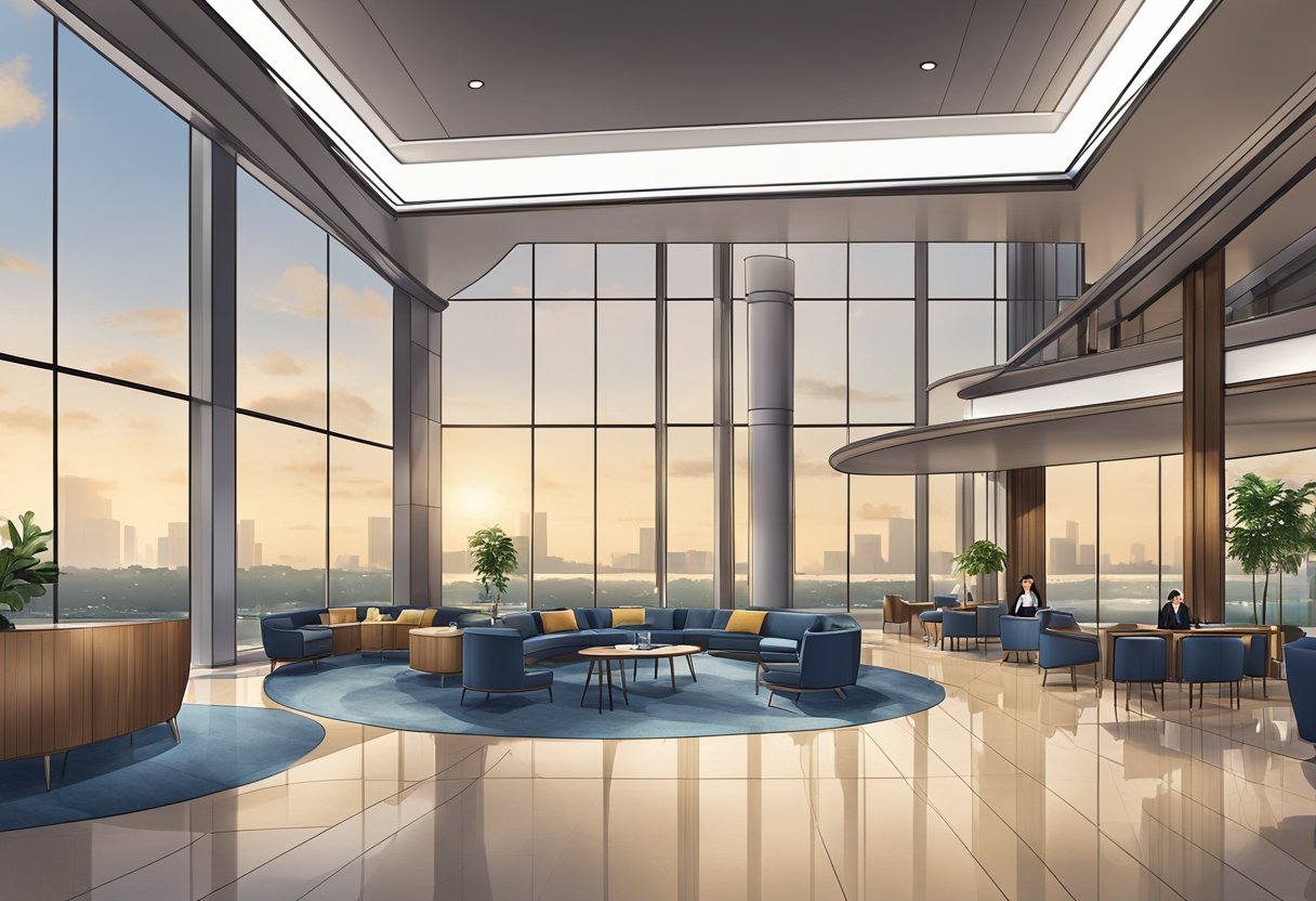 The Aerotel Singapore, a modern airport hotel, features a sleek lobby with minimalist decor, comfortable seating, and a view of the runway