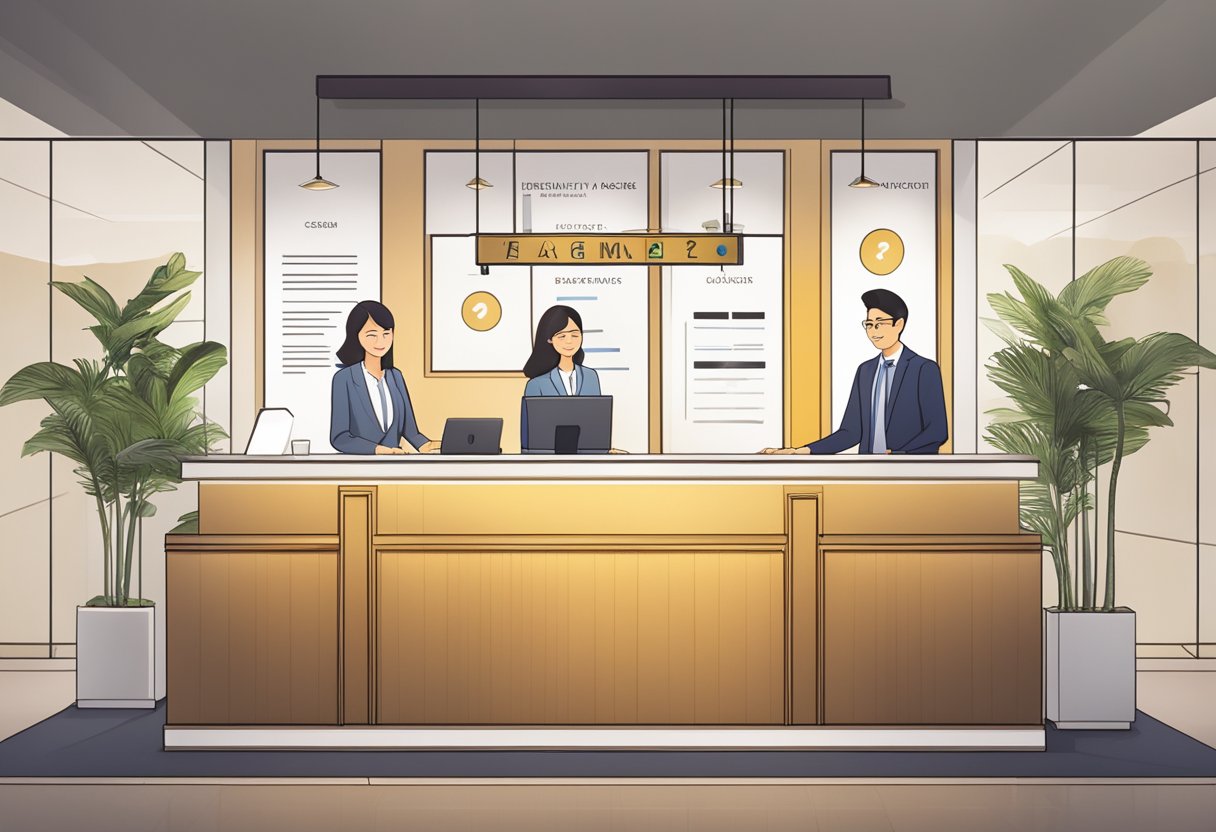 A reception desk with a sign reading "Frequently Asked Questions" at Aerotel Singapore. A staff member assists a guest