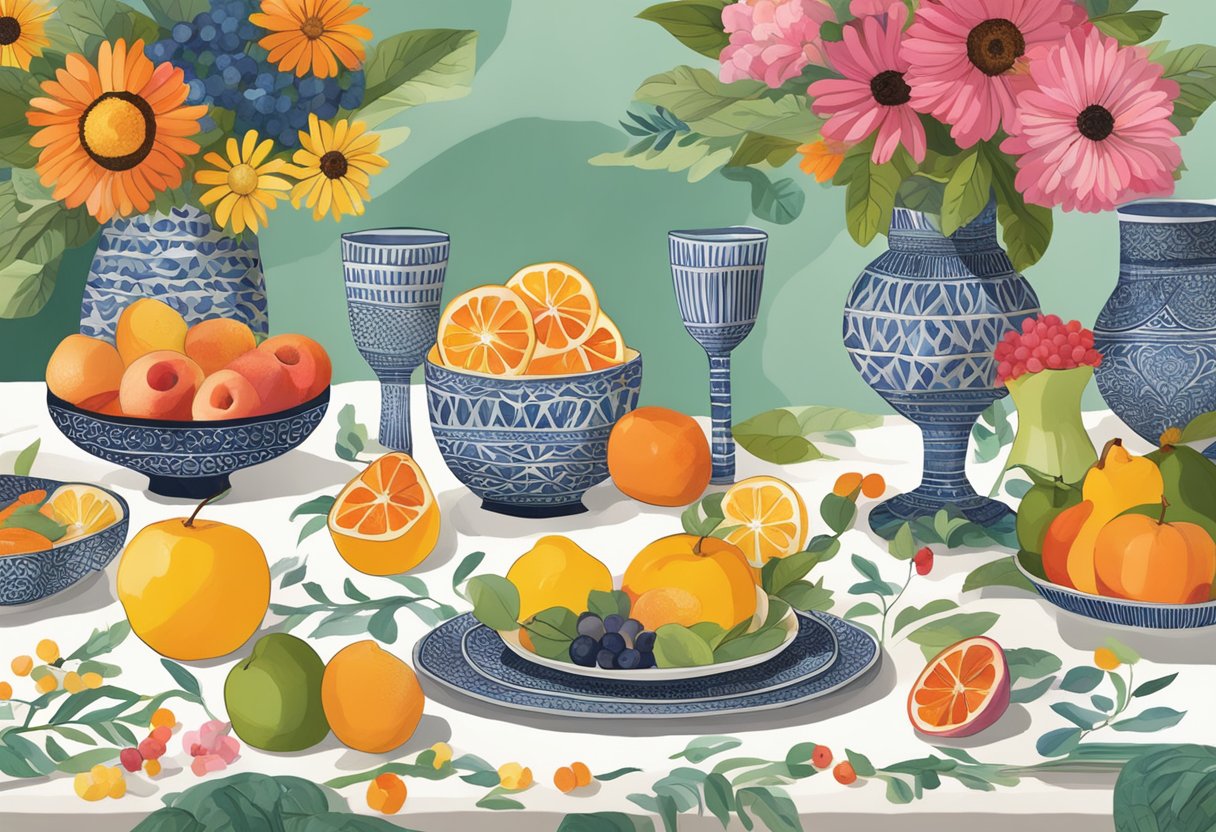 A vibrant late-summer tablescape with colorful flowers, fruit, and patterned tableware arranged by entertaining pro Nathan Turner
