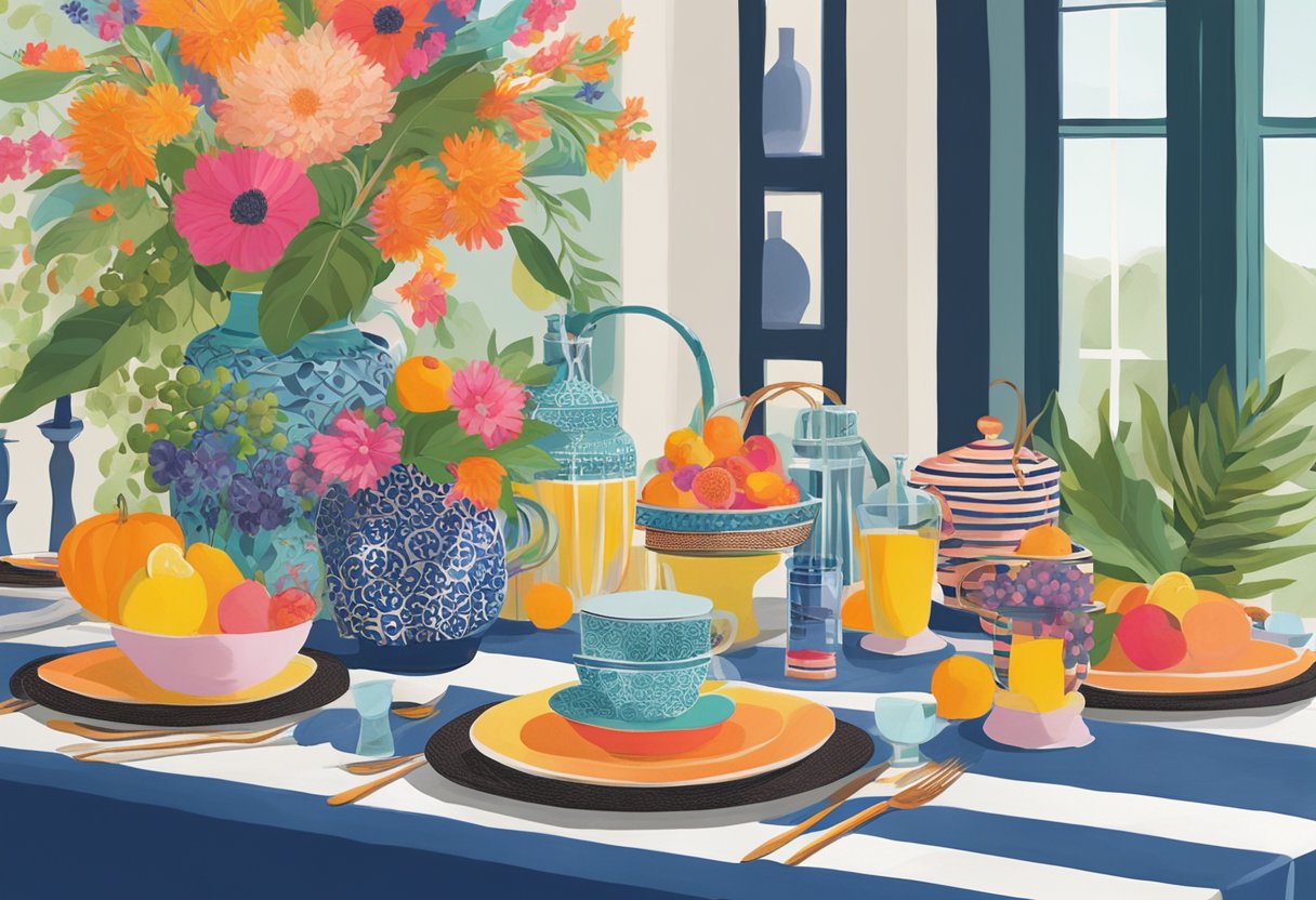 A vibrant late-summer tablescape featuring bold color combinations, playful patterns, and a mix of textures, inspired by the design philosophy of Nathan Turner