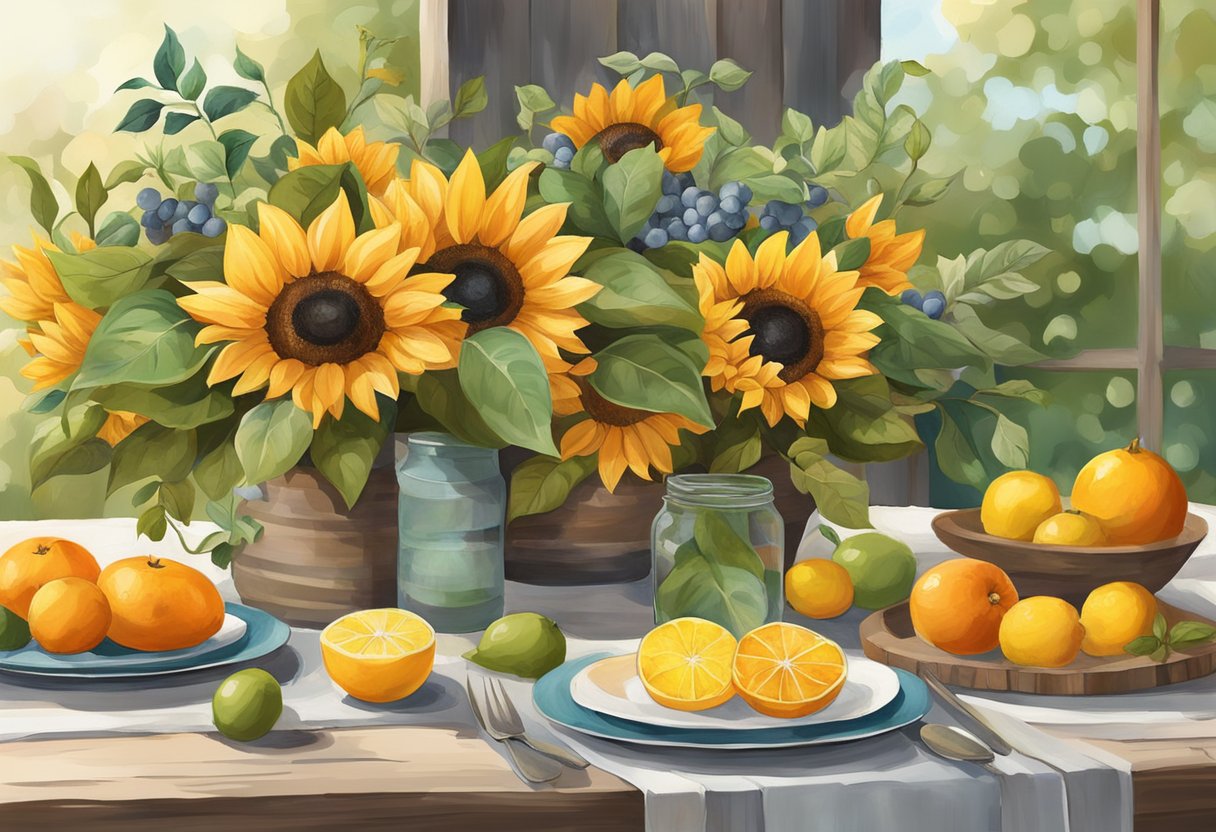 A late-summer tablescape with vibrant colors and seasonal elements, such as sunflowers, citrus fruits, and greenery, set against a rustic backdrop