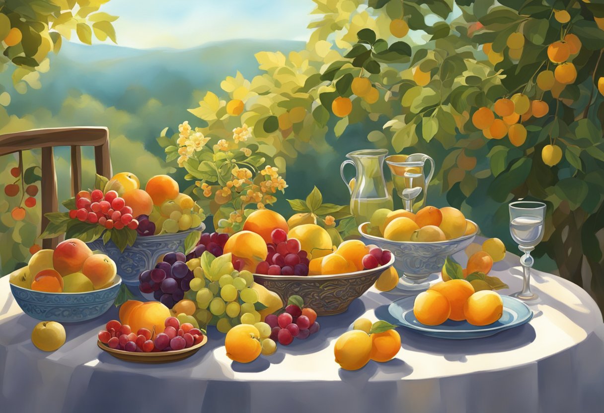 A table set with vibrant late-summer fruits, flowers, and foliage. Sunlight filters through a dappled canopy, casting warm, inviting shadows