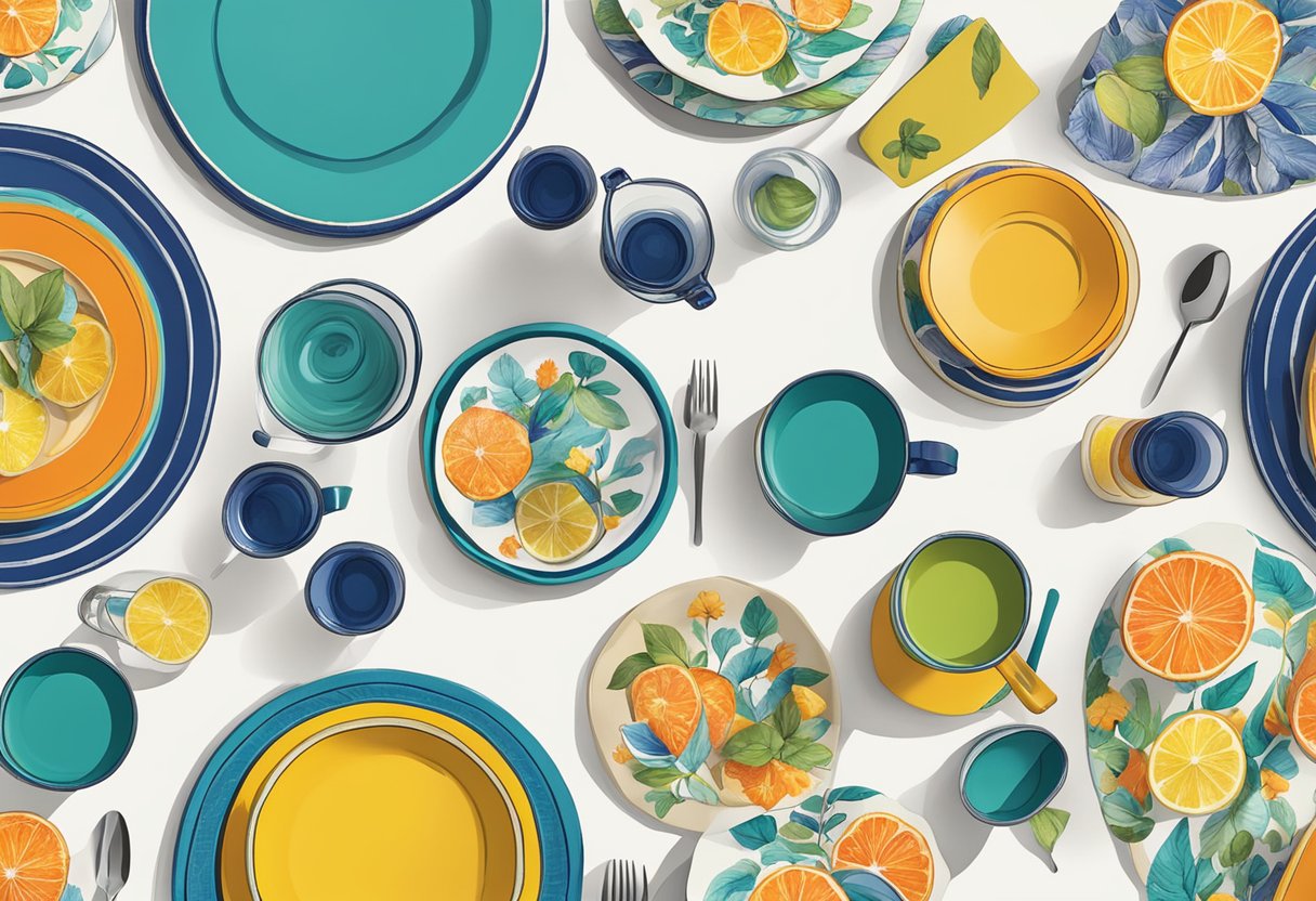 A table set with colorful tableware and accessories, evoking a late-summer vibe, curated by entertaining pro Nathan Turner