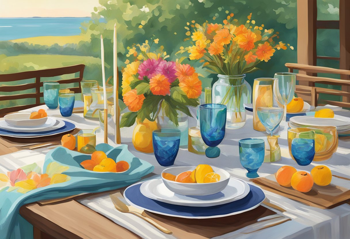 Vibrant linens and textiles adorn a late-summer tablescape, showcasing a colorful and inviting scene for entertaining