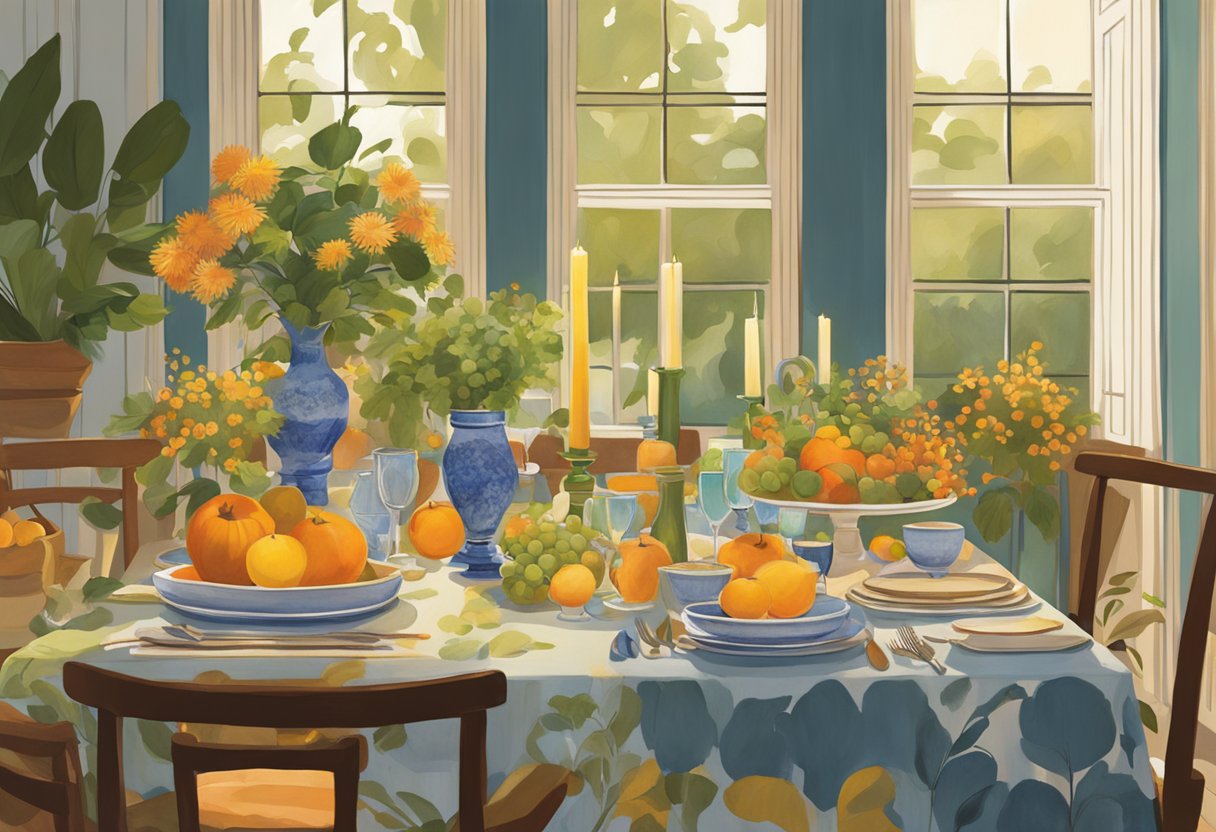 Late-summer tablescape by Nathan Turner. Warm lighting and colorful ambiance