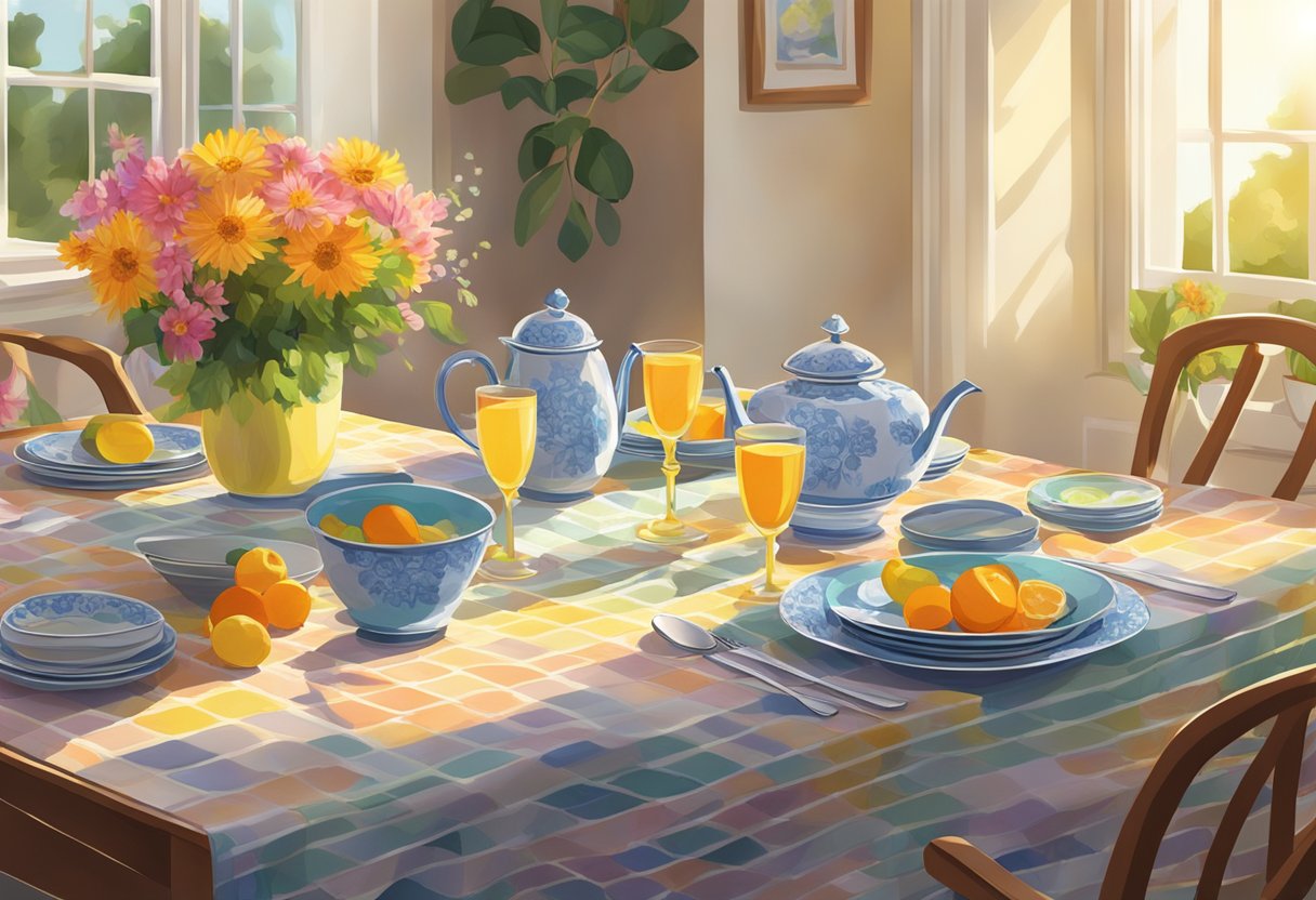 A table set with colorful dishes, fresh flowers, and patterned linens. Sunlight filters through a window, casting a warm glow on the scene