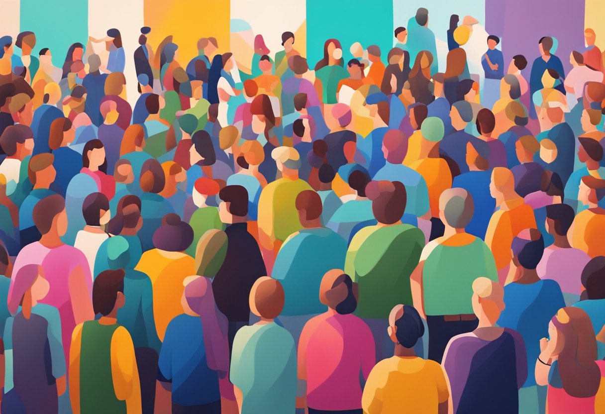A group of people gather around a large canvas, each with their own paintbrush in hand. Bright colors and abstract shapes fill the space as they work together to create a vibrant masterpiece