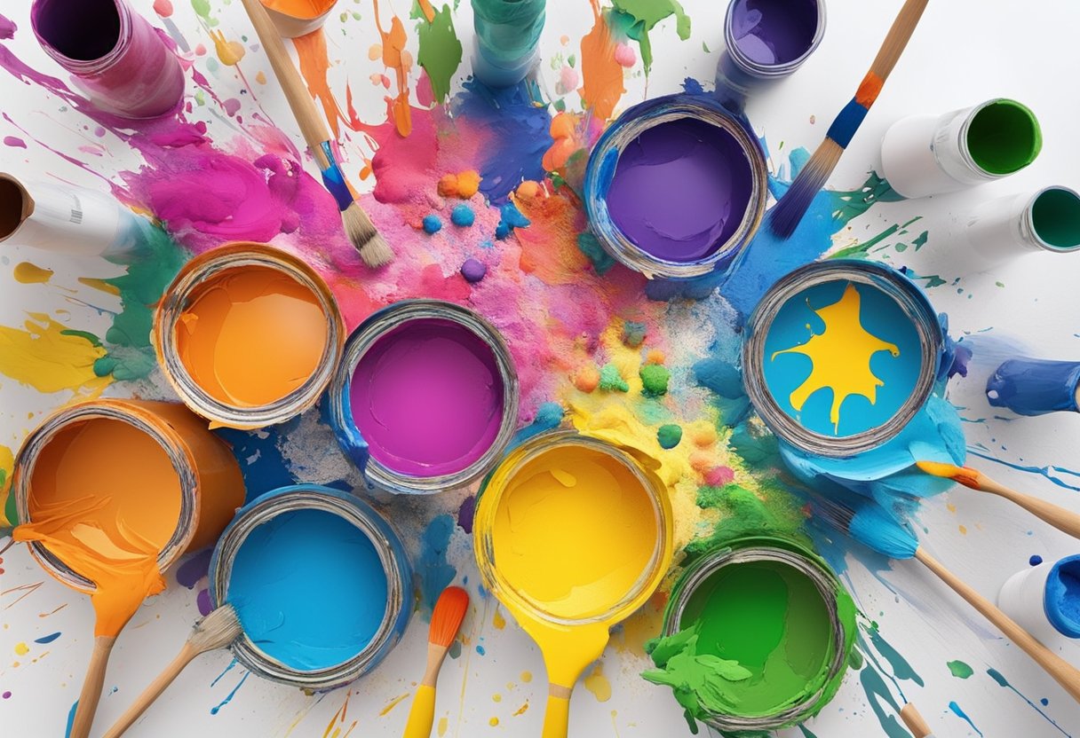 Colorful paint splatters cover a canvas as artists create in a vibrant art jamming studio in Singapore