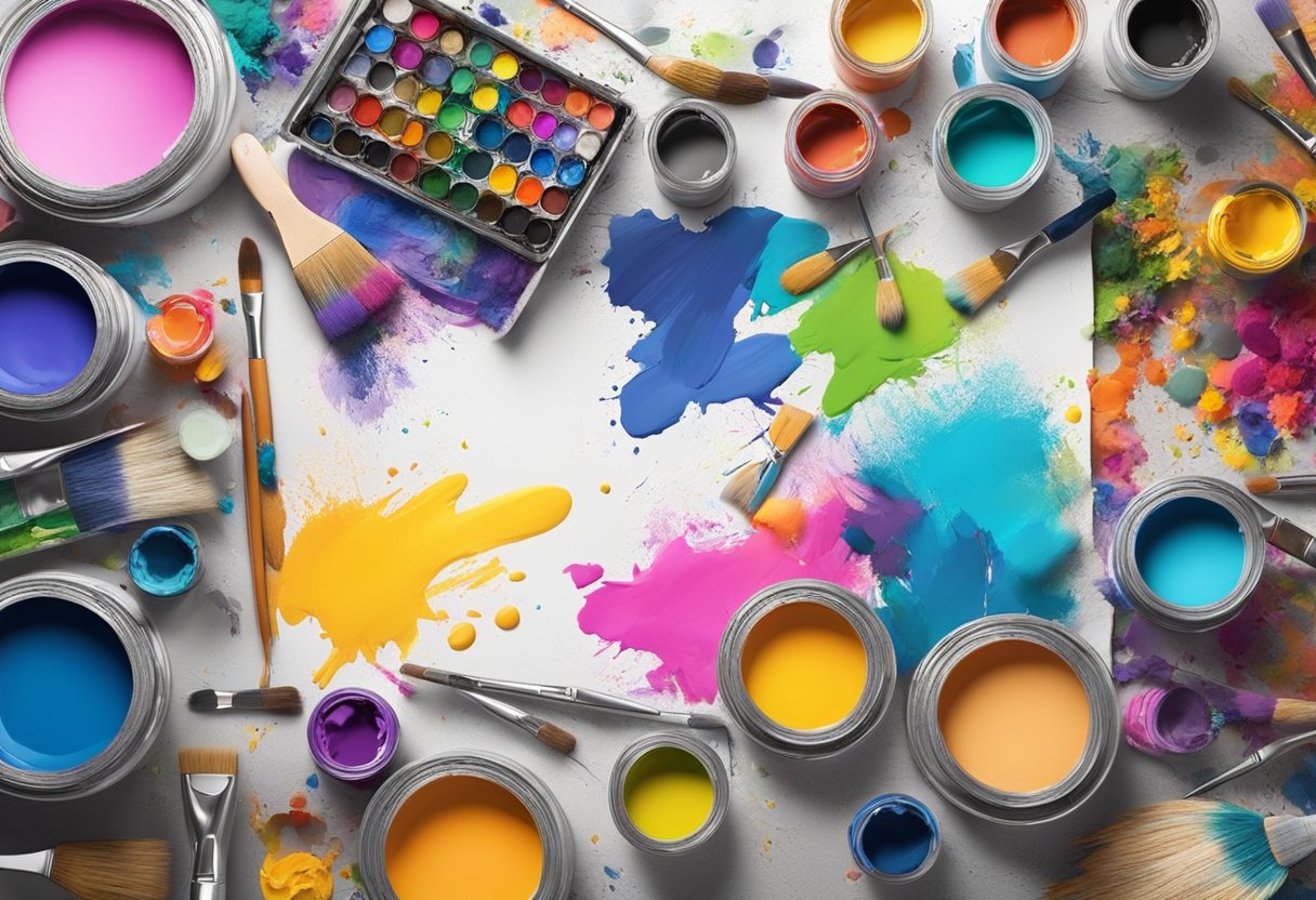 Colorful paint splatters on a blank canvas, surrounded by a variety of paintbrushes, palettes, and art supplies in a vibrant studio setting