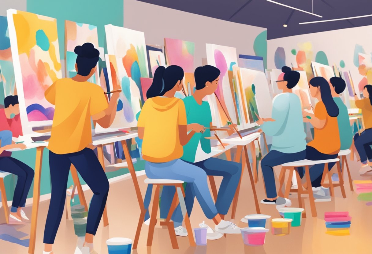 A group of people enjoying an art jamming session in Singapore, surrounded by colorful paintings and art supplies