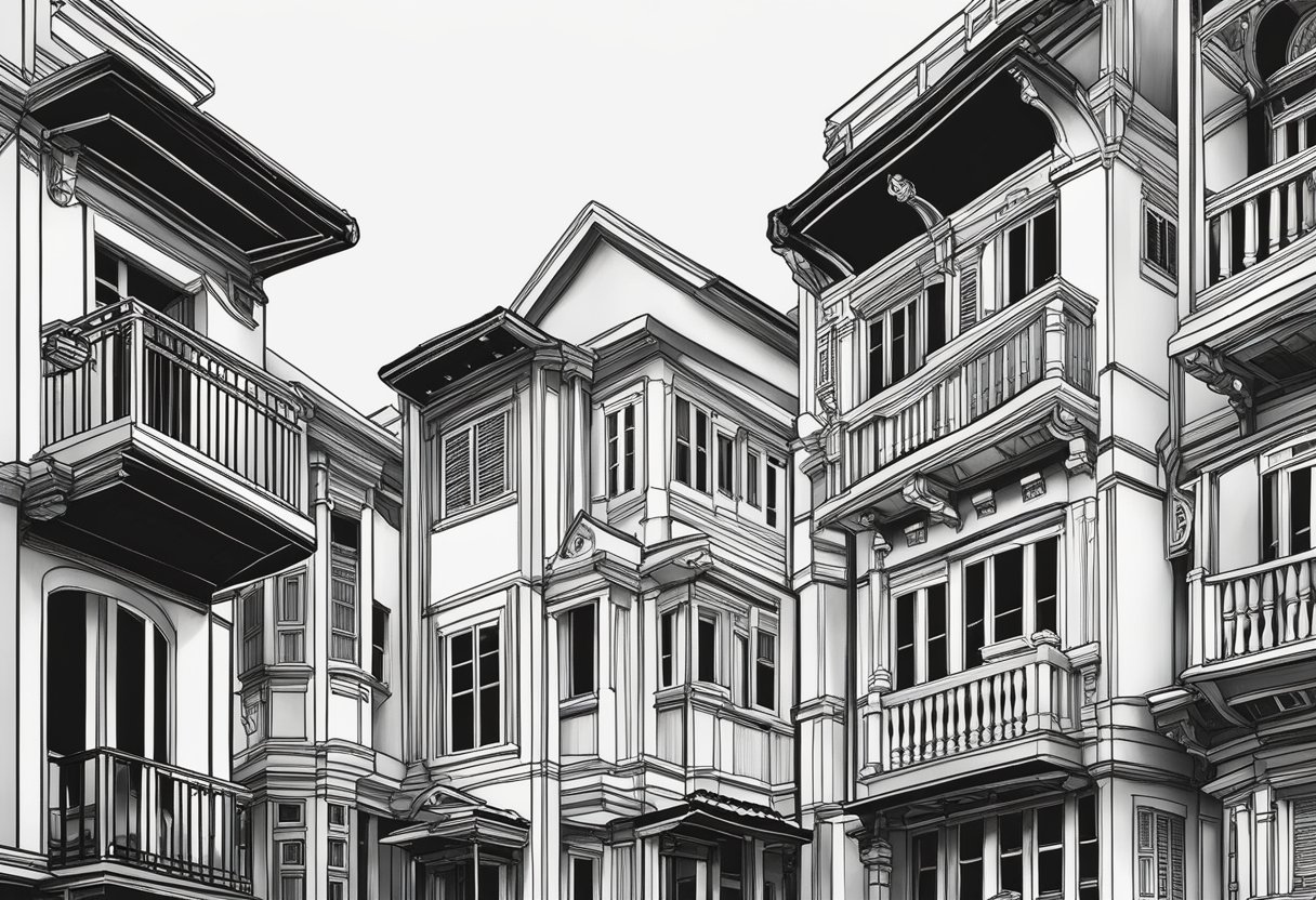 The black and white houses of Singapore stand tall against the clear blue sky, their intricate details and unique architecture creating a striking contrast