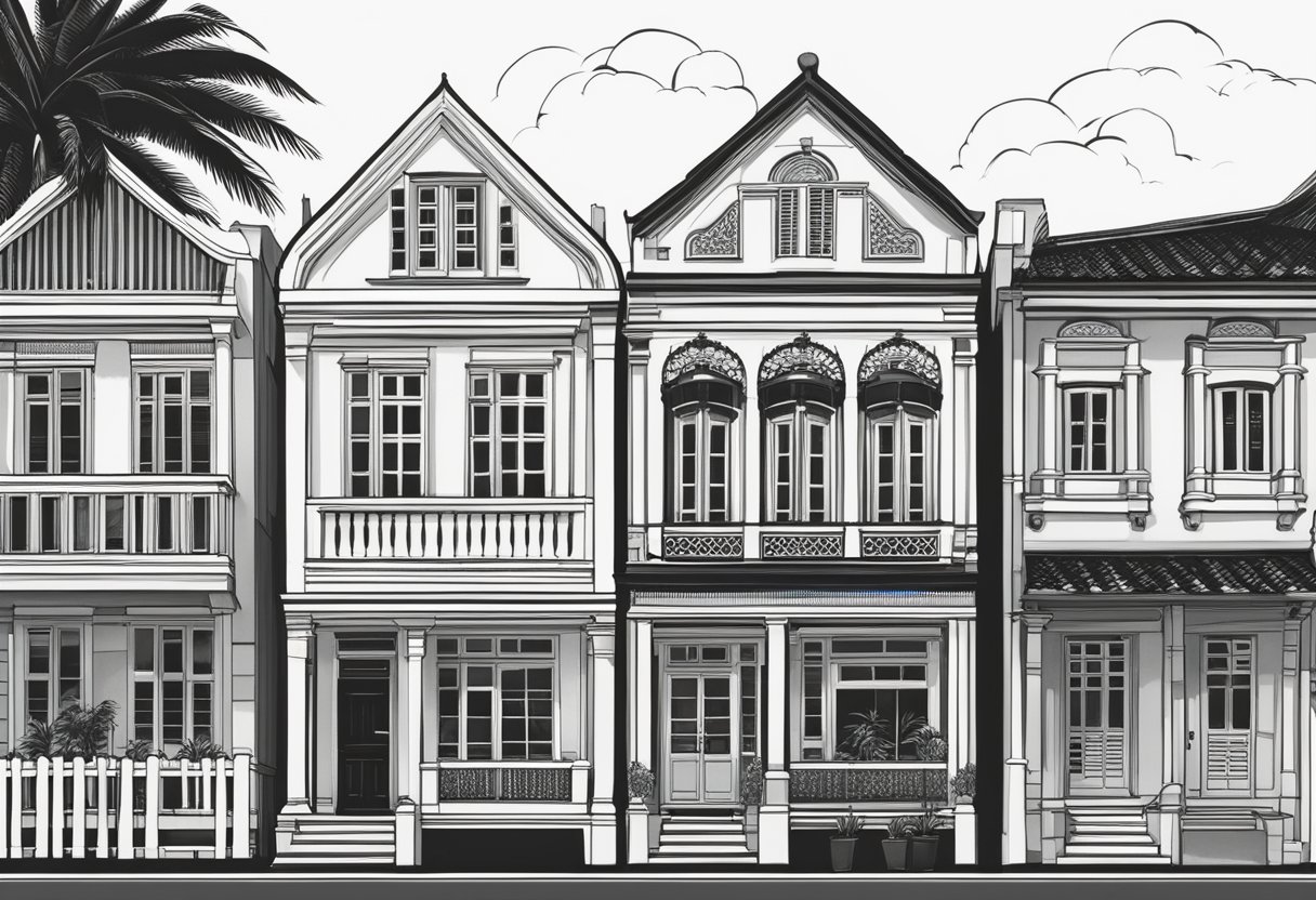 A row of traditional black and white houses in Singapore, showcasing their unique architectural style and historical significance