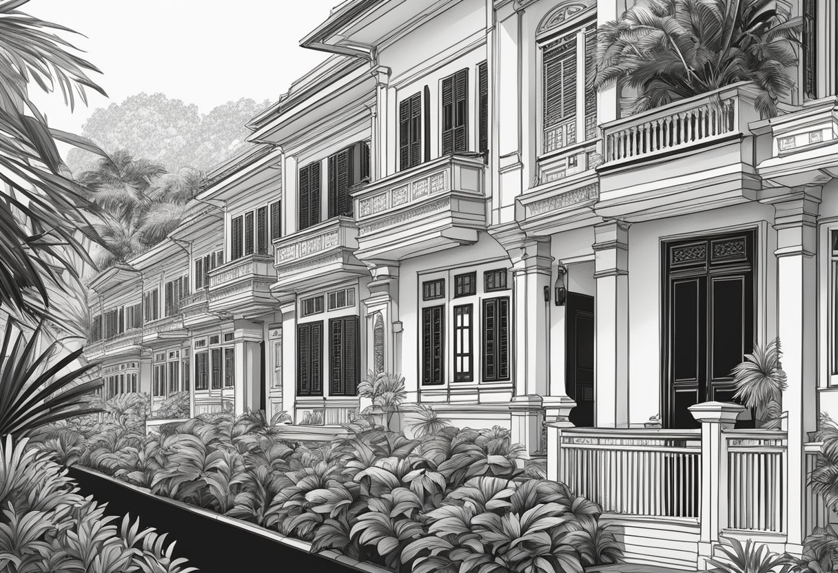 Black and white houses in Singapore. Lush greenery surrounds the colonial-style buildings with intricate details and contrasting colors