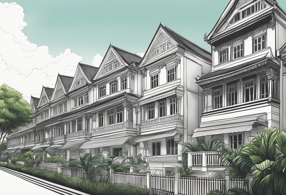 A row of black and white houses in Singapore, with intricate architectural details and lush greenery in the foreground