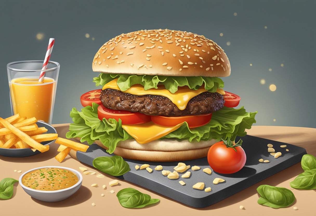 A sizzling burger with melty cheese, crisp lettuce, and juicy tomatoes, served on a sesame seed bun, surrounded by a side of crispy fries