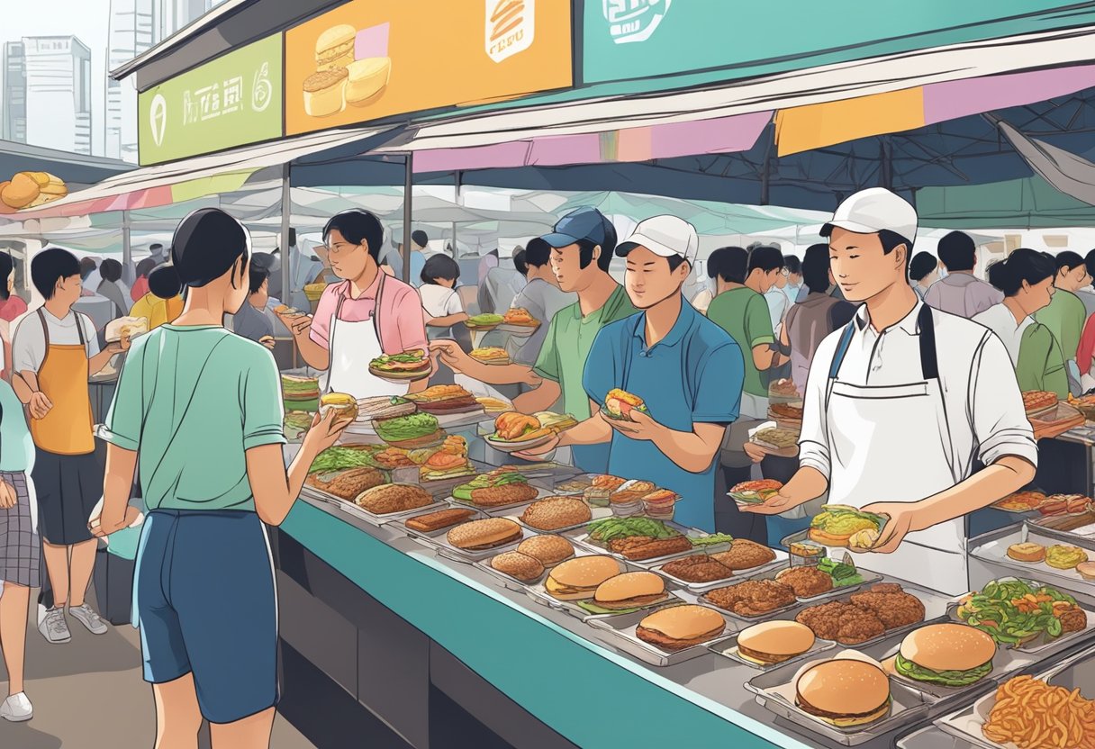 Customers sampling diverse burgers at a bustling Singapore food market
