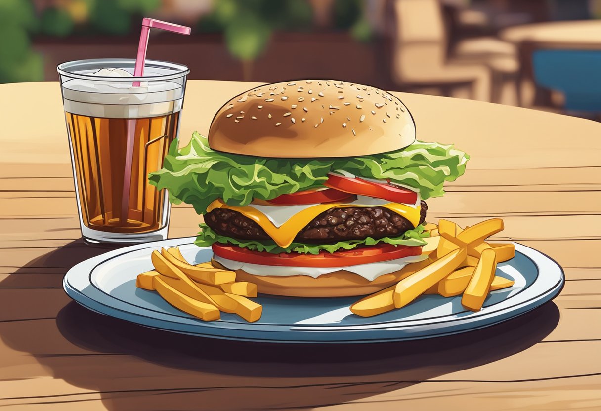 A table set with a gourmet burger, fries, and a soda. The burger is stacked with lettuce, tomato, cheese, and a juicy beef patty. The atmosphere is casual and inviting