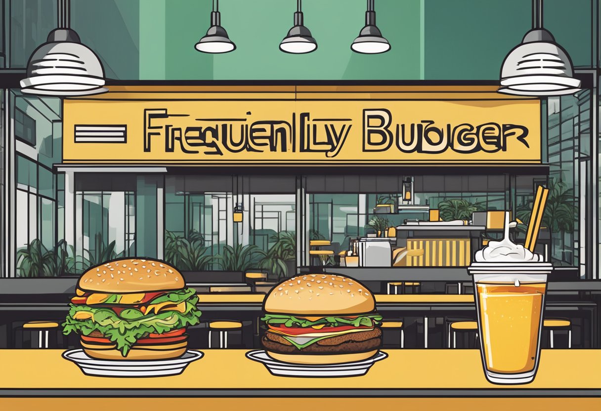 A table with a juicy burger, fries, and a drink. A sign reads "Frequently Asked Questions burger singapore" in a modern, bustling restaurant setting