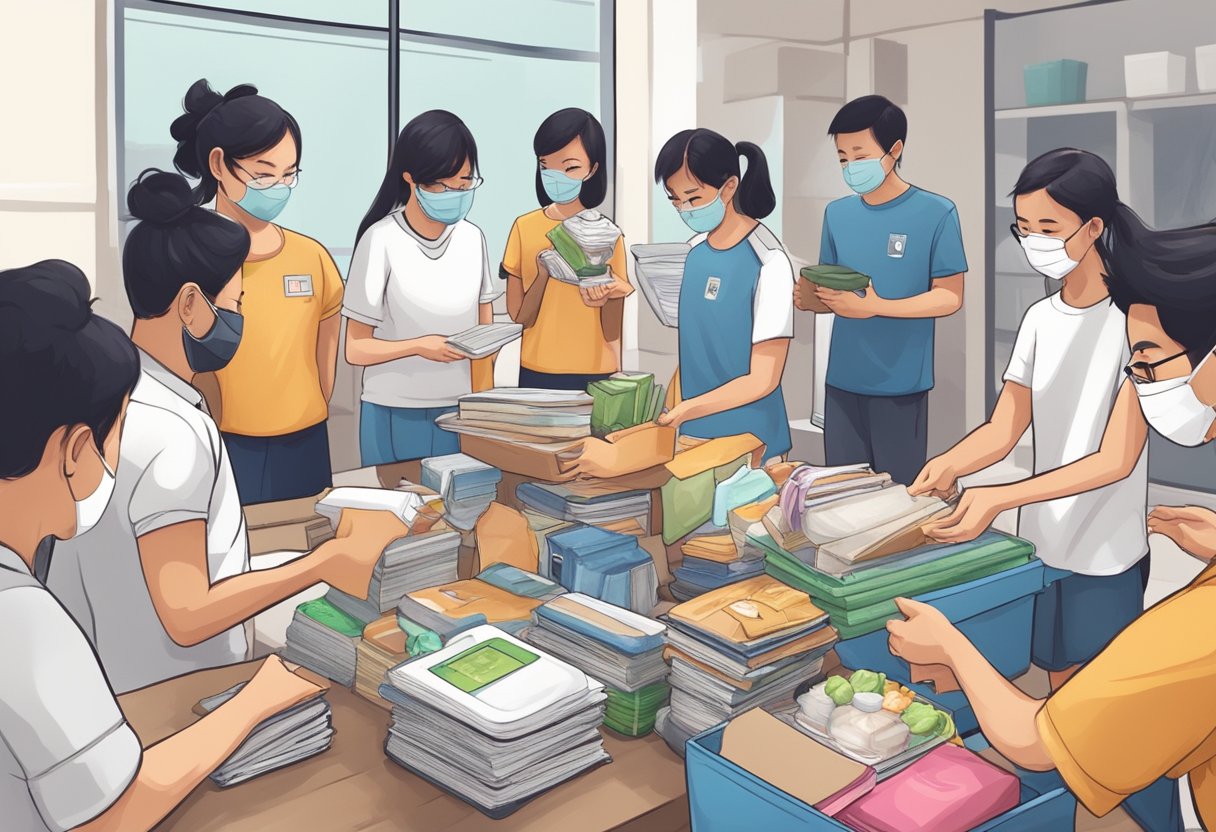 A group of people in Singapore are donating various items, including clothes, food, and books, to a local charity organization