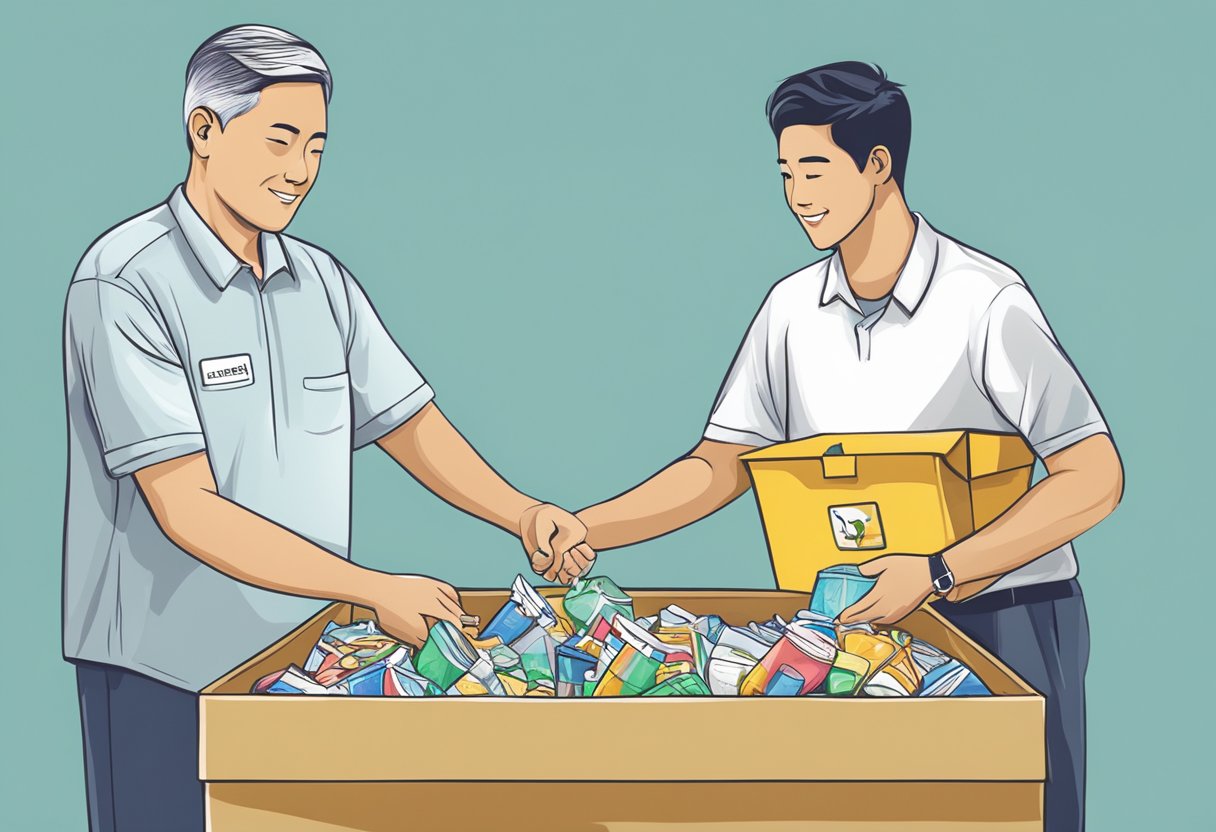 A person placing a donation into a collection box with a "Who You Are Helping" sign in Singapore