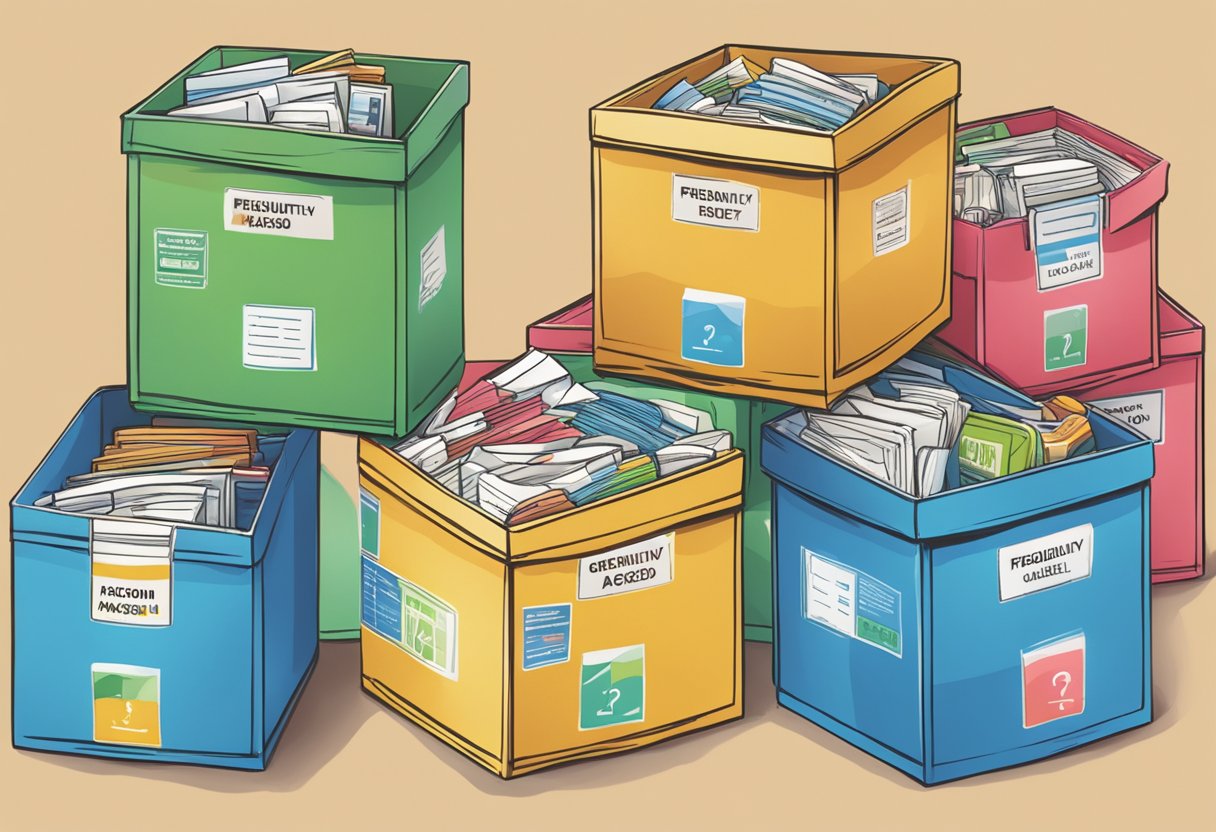 A stack of donation boxes with "Frequently Asked Questions" printed on them in Singapore