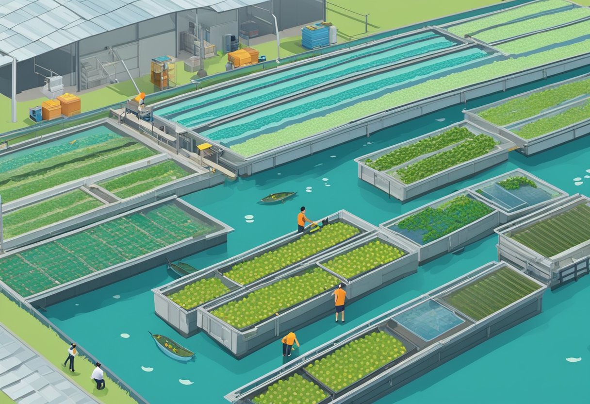 Aerial view of fish farm in Singapore with rows of fish tanks and workers feeding the fish