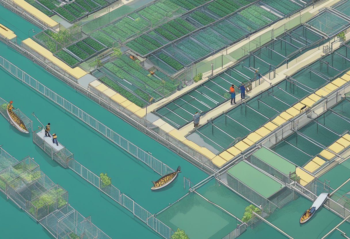 Aerial view of modern fish farm in Singapore, with rows of floating cages and workers tending to the fish