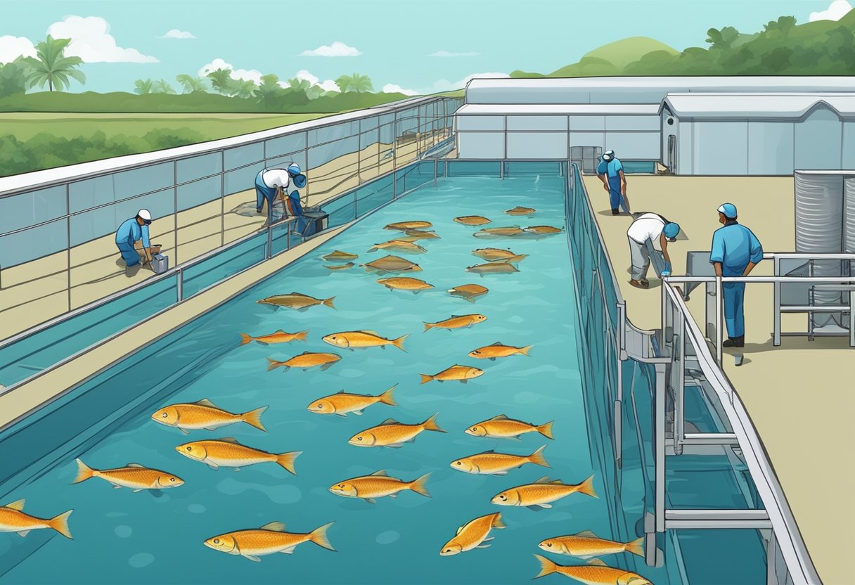 Fish swim in open water tanks at a Singapore aquaculture farm, with workers monitoring the feeding and health of the fish