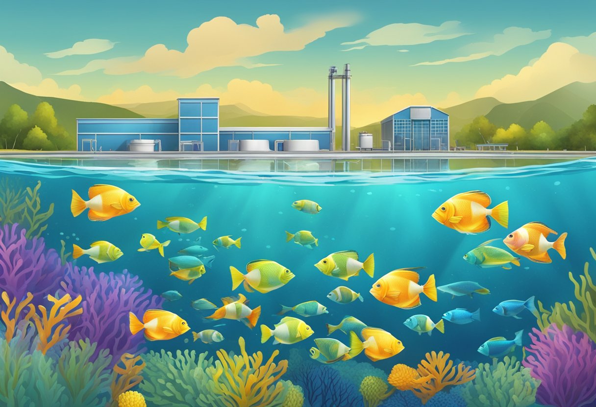 A group of colorful fish swimming in clear water, with a modern fish farm facility in the background