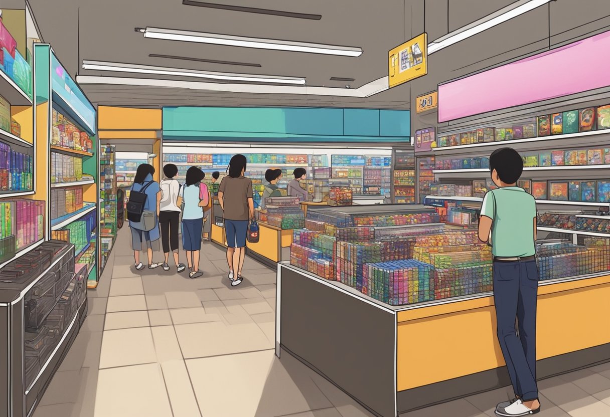 The game shop in Singapore bustles with colorful displays and shelves stocked with the latest video games, consoles, and accessories. Customers browse the aisles, while the cashier rings up purchases at the counter