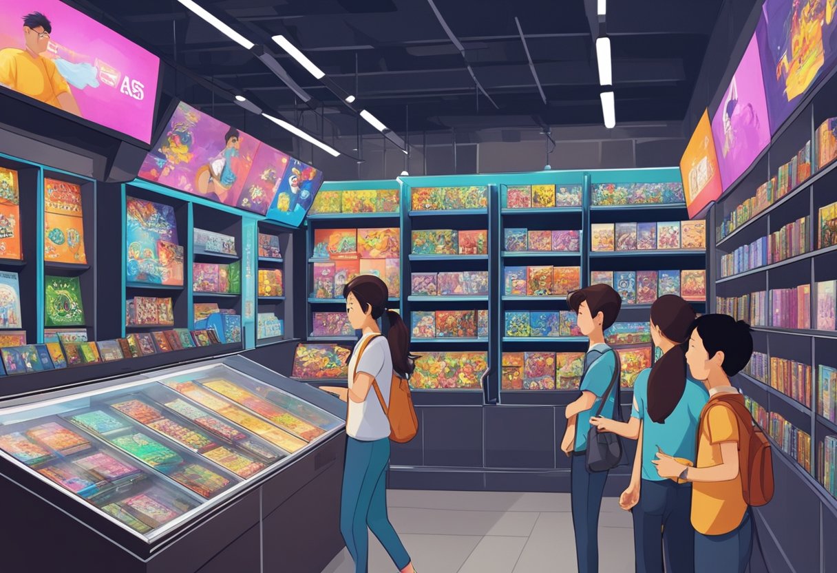 Customers browsing shelves of video games in a well-lit Singapore game shop, with colorful displays and posters lining the walls