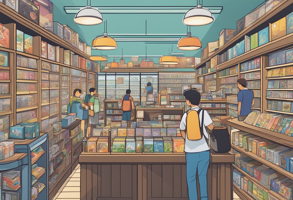 A bustling game shop in Singapore with shelves of board games and card games, a display of popular titles, and customers browsing the selection